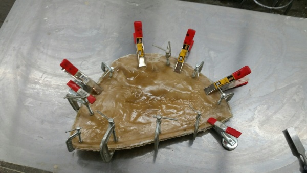 Halibut tail mold halves clamped together while the resin cast cures. Built at Stehling’s Taxidermy in Jefferson, Wisconsin.