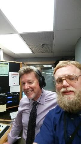 Stehling's Taxidermy owner with the radio host in the broadcast studio