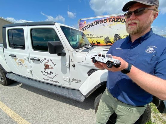 Whitetail deer shoulder mounts, waterfowl, flying mallard, coyote, spoonbill euro mounts, water splash scenes, Jeep fleet, raccoon , black bear mounts