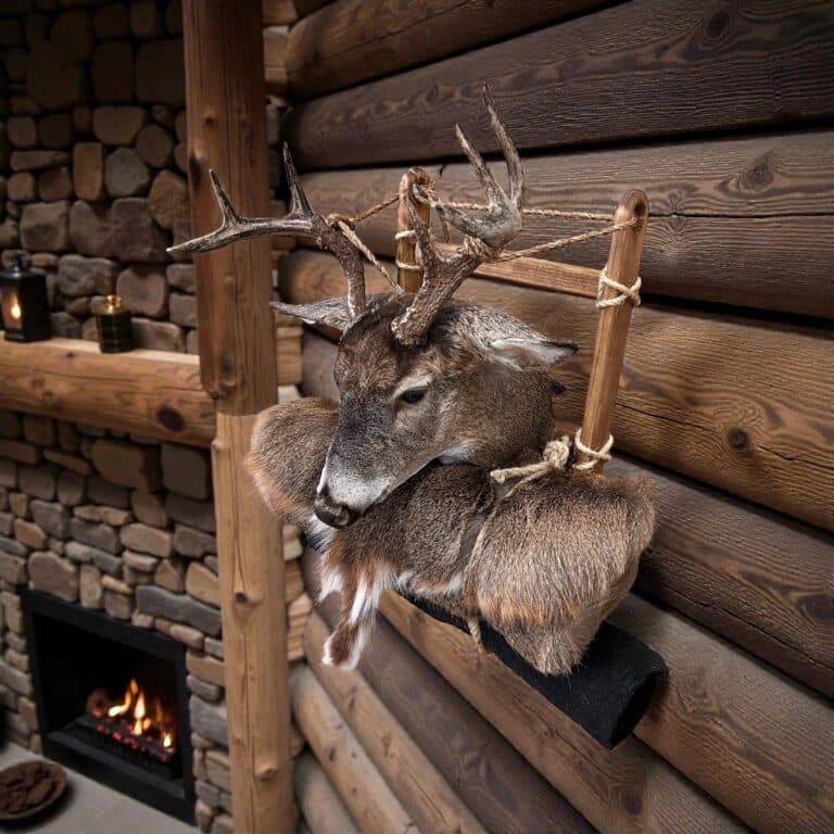 Whitetail pack mount on a rope-lashed wooden pack frame on a log wall