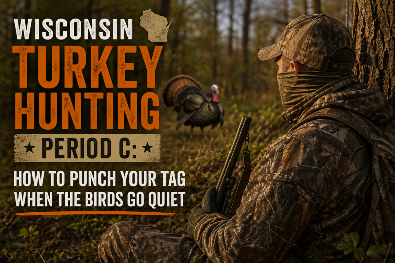 Wisconsin turkey hunter in camo watching a strutting tom in the spring woods — Period C tactics