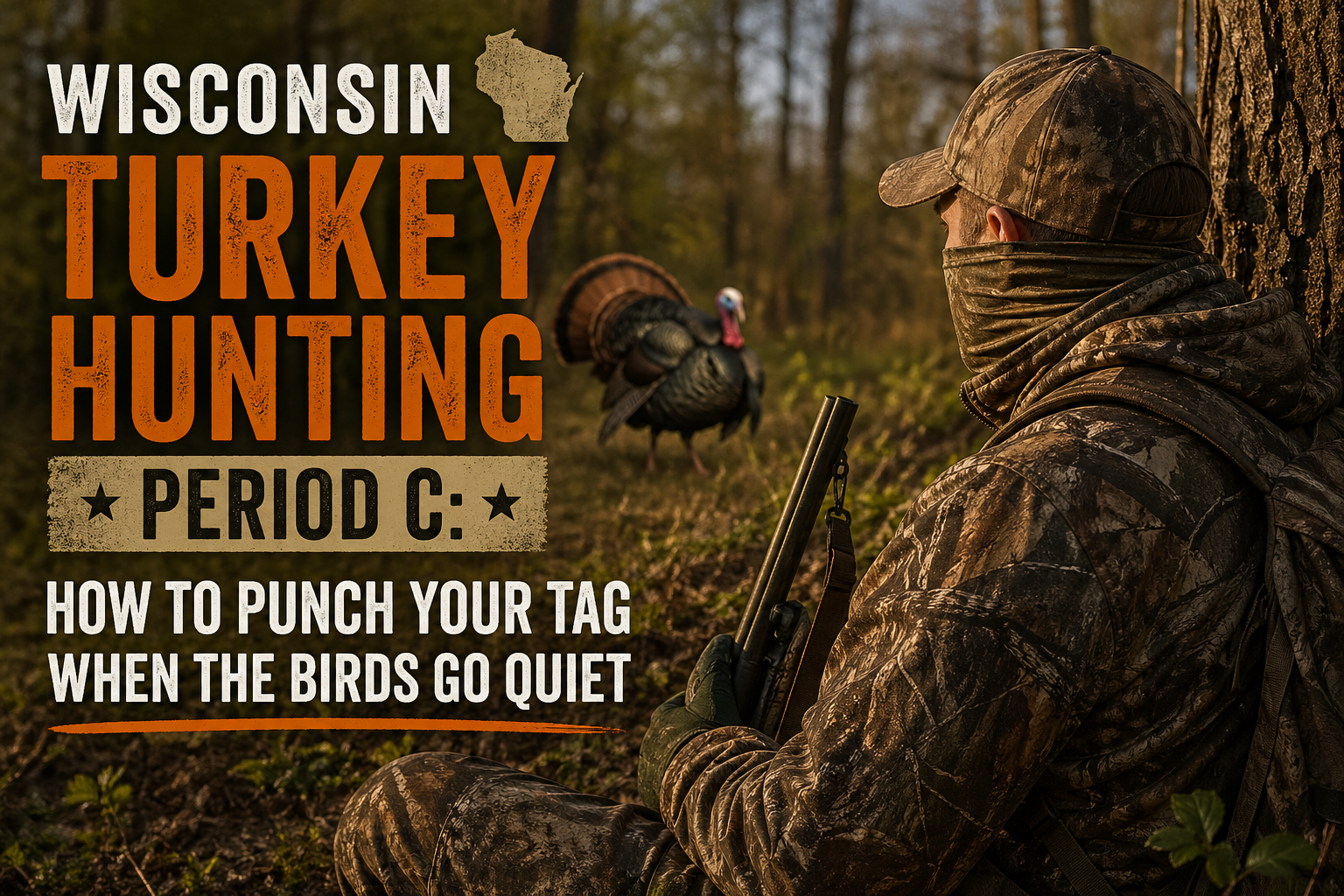 Wisconsin turkey hunter in camo watching a strutting tom in the spring woods — Period C tactics